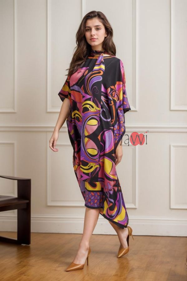 Bright Geometric Kaftan With Sleek Scarf - Navvi.in