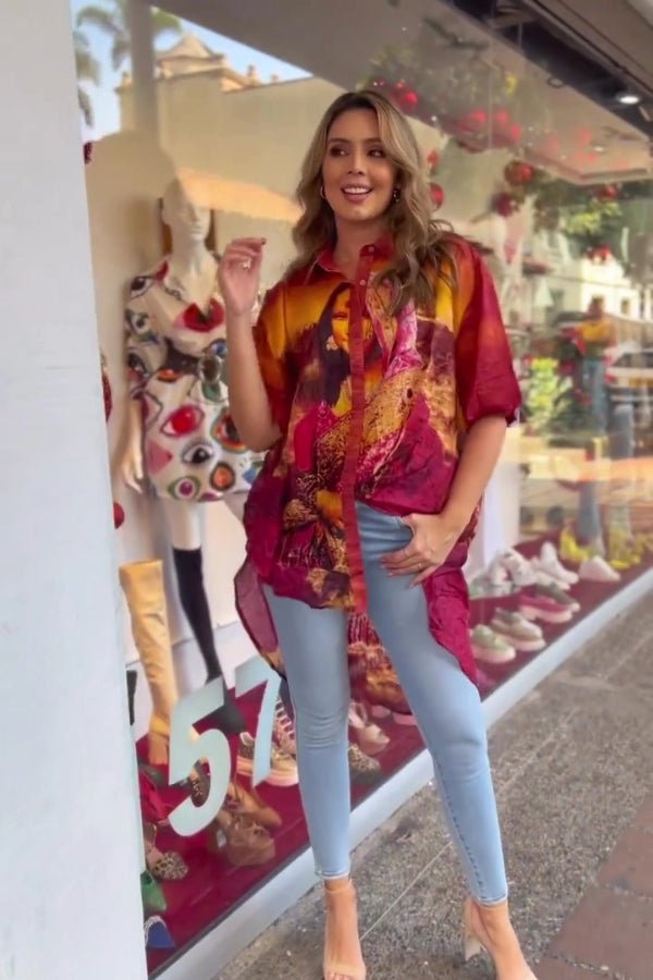 Burgundy and Orange Printed Collared Shirt - Navvi.in