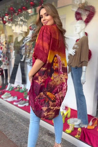 Burgundy and Orange Printed Collared Shirt - Navvi.in