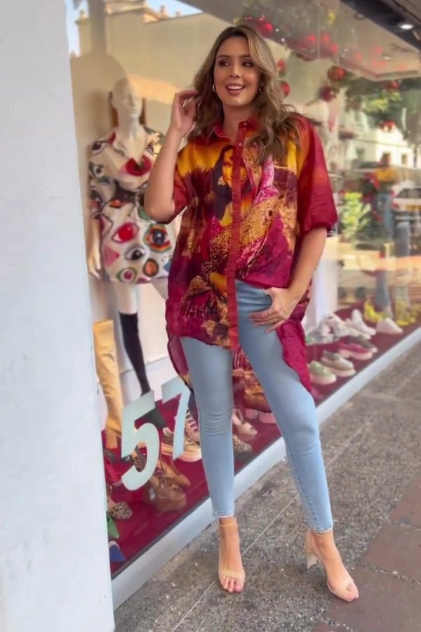 Burgundy and Orange Printed Collared Shirt - Navvi.in