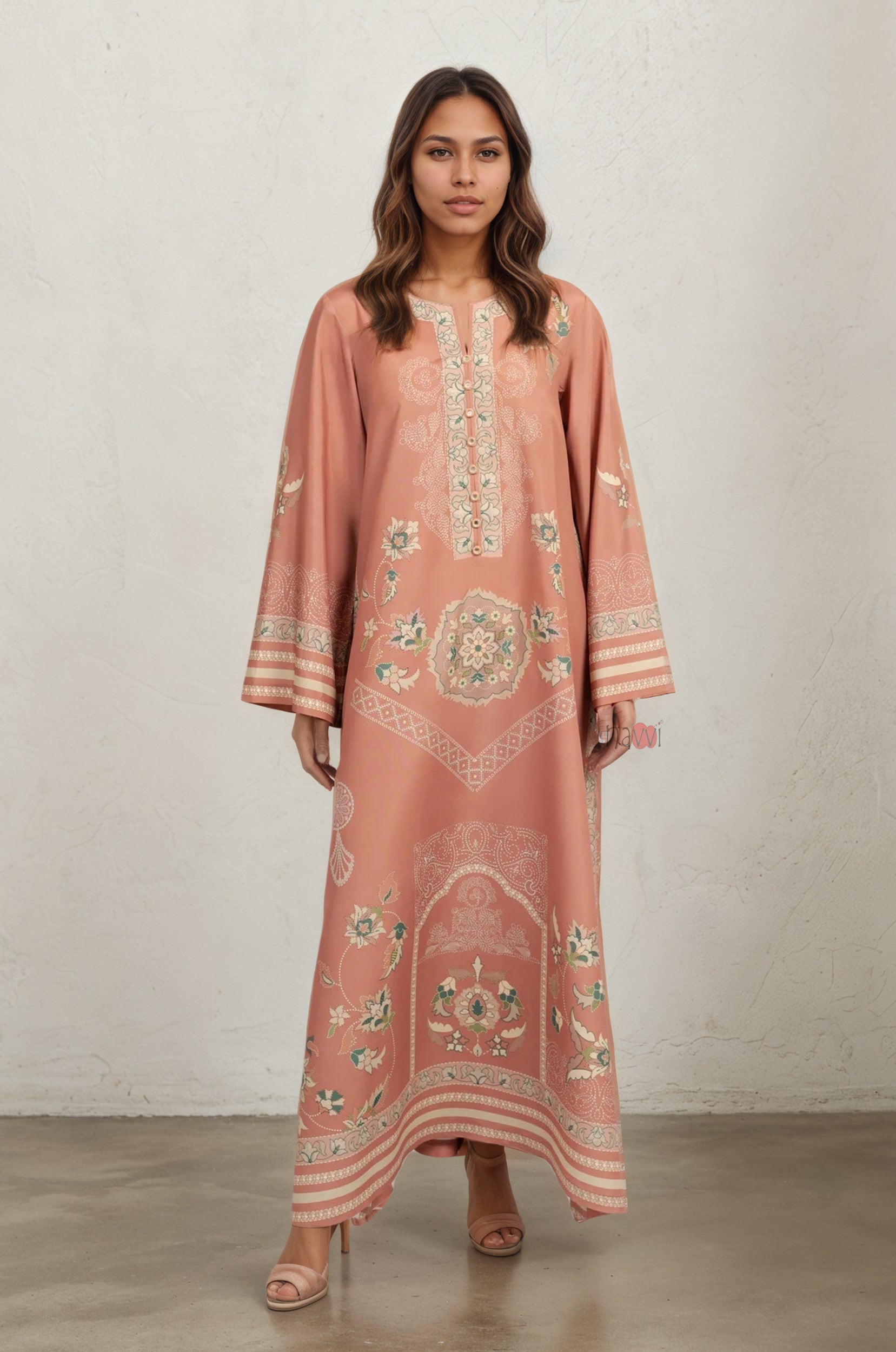 Chic Peach Festive Long Kurta with Detailing