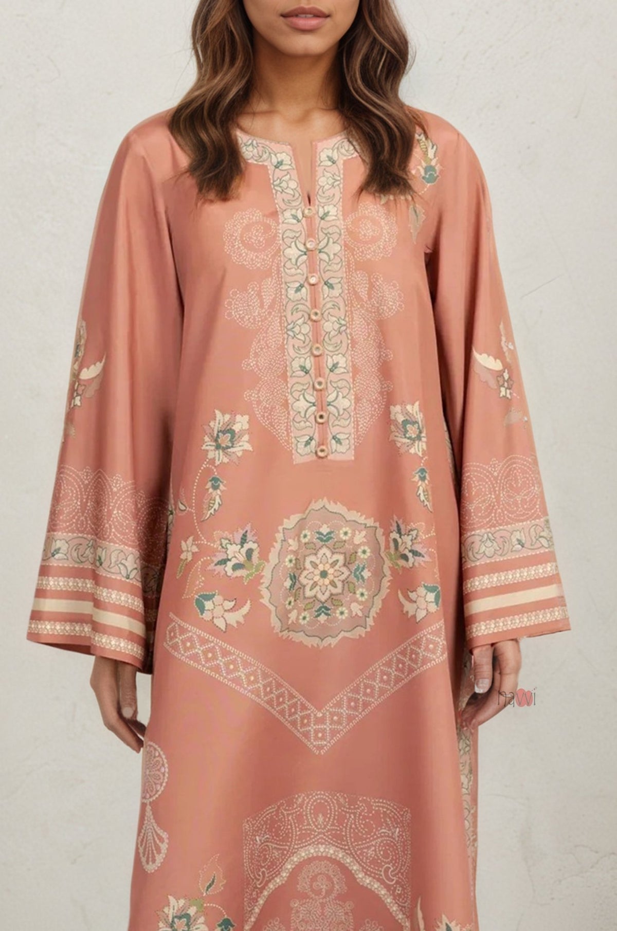 Chic Peach Festive Long Kurta with Detailing - Navvi.in