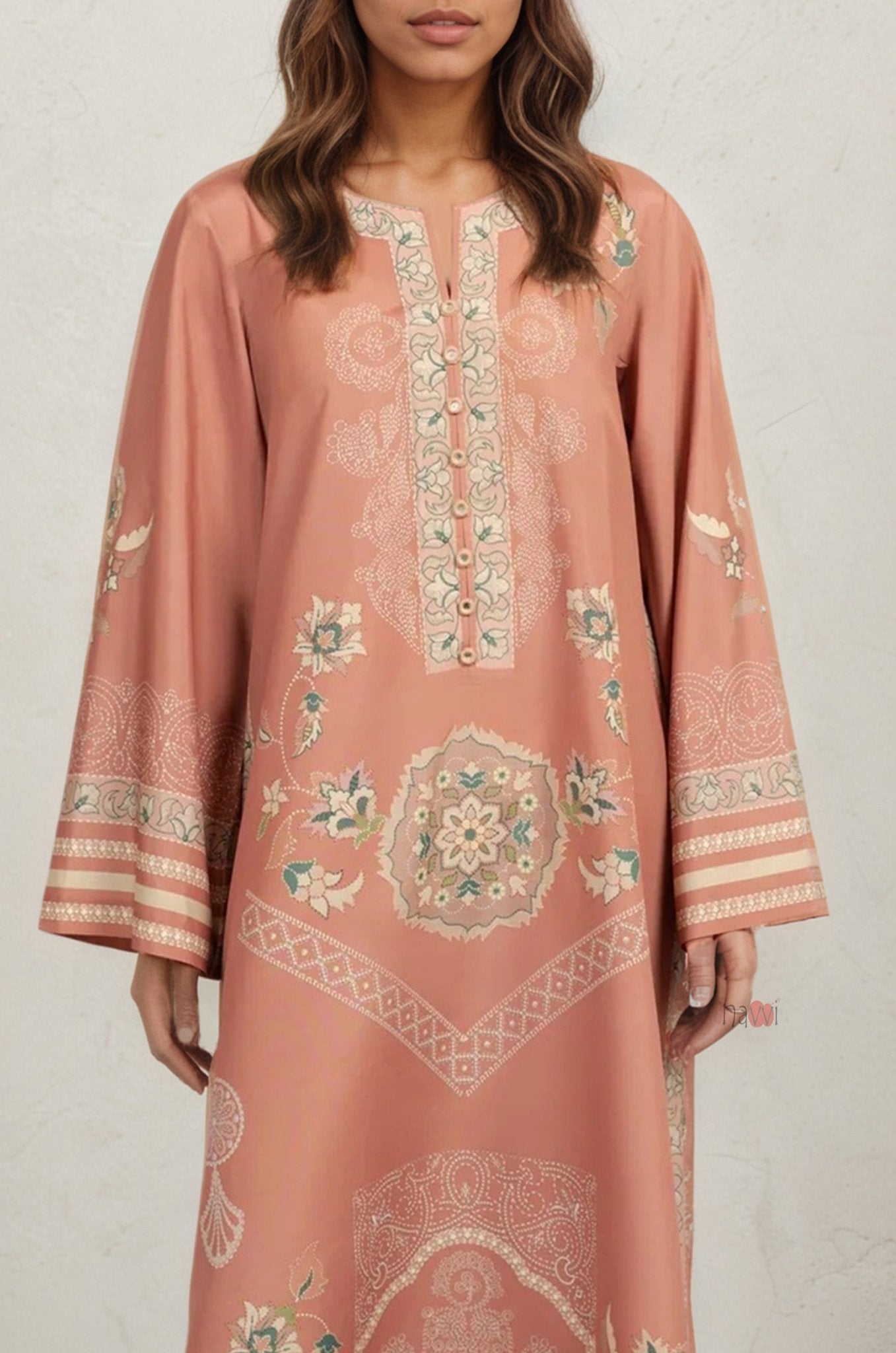 Chic Peach Festive Long Kurta with Detailing - Navvi.in