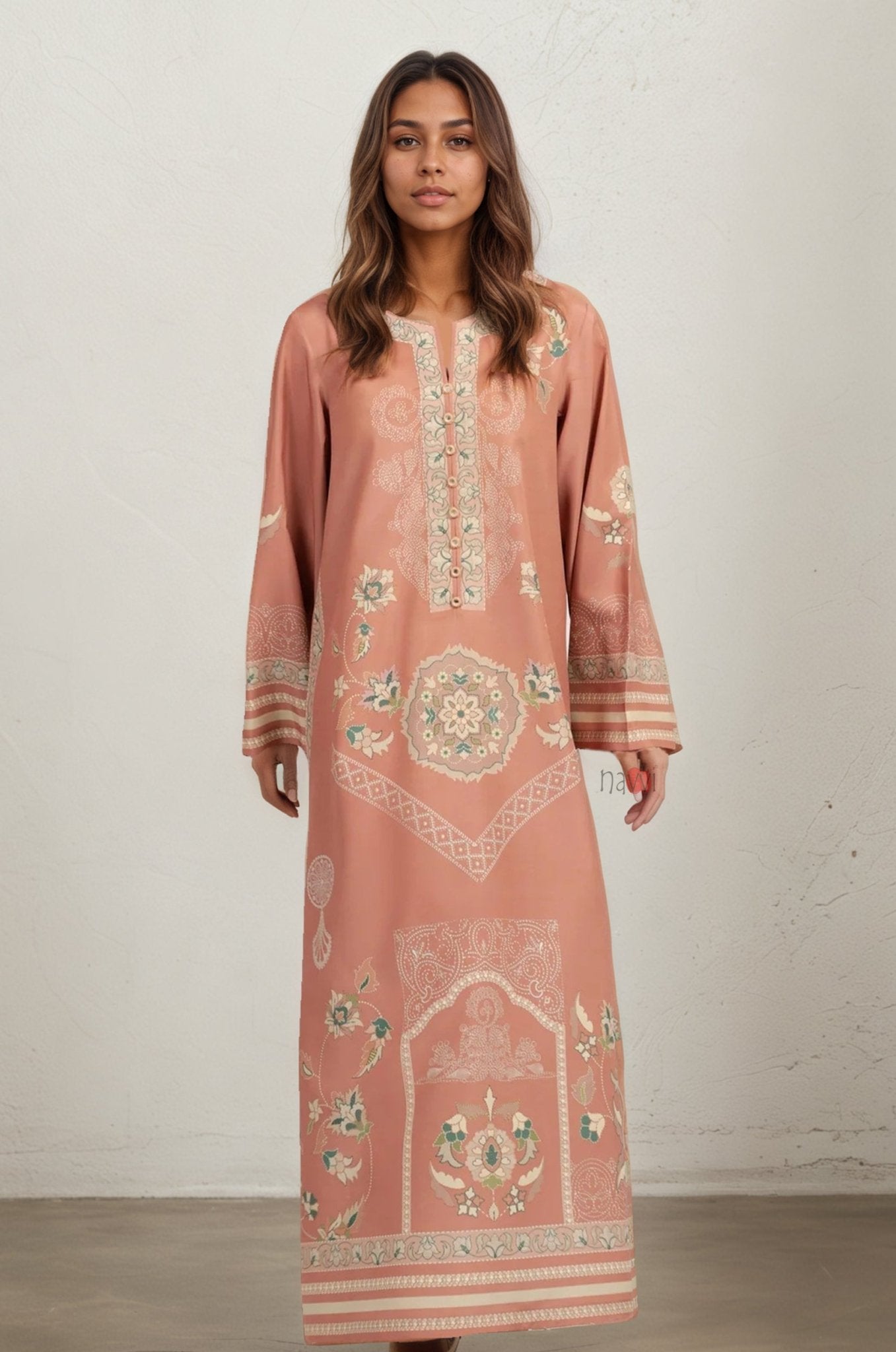 Chic Peach Festive Long Kurta with Detailing - Navvi.in