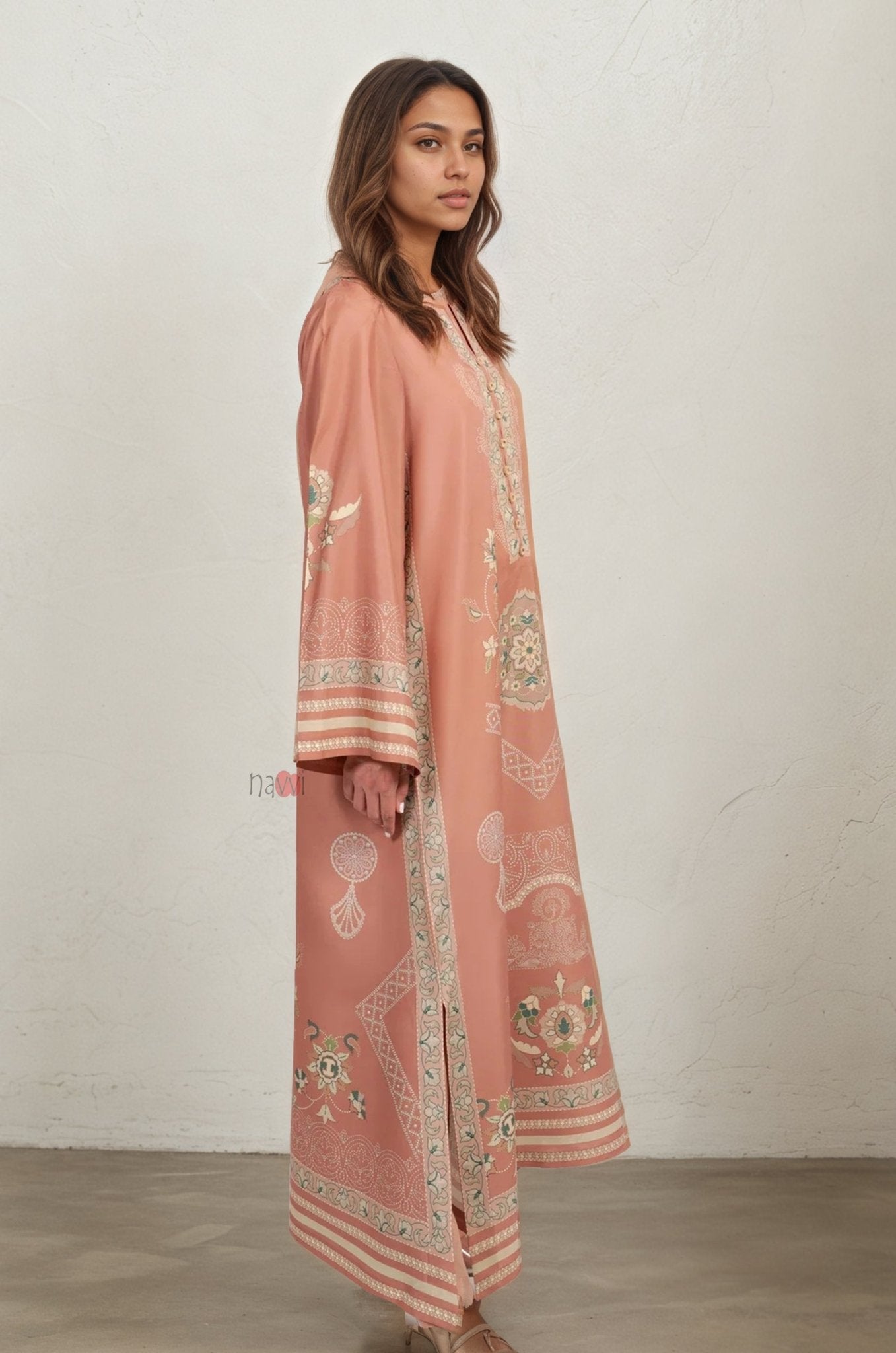 Chic Peach Festive Long Kurta with Detailing - Navvi.in