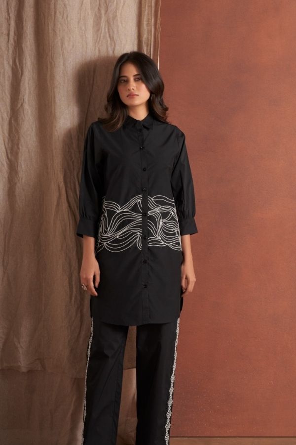 Comfy Duo Black Printed Embroidered Co - Ord Set - Navvi.in