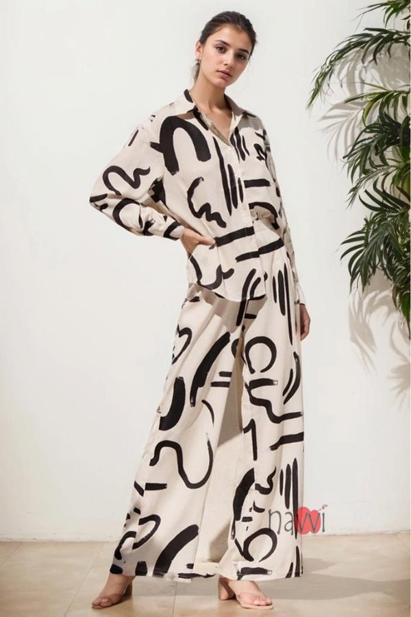 Cream Scribble Co - ord Set - Navvi.in