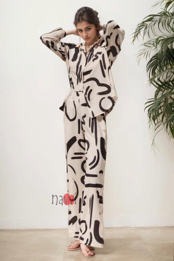 Cream Scribble Co - ord Set - Navvi.in