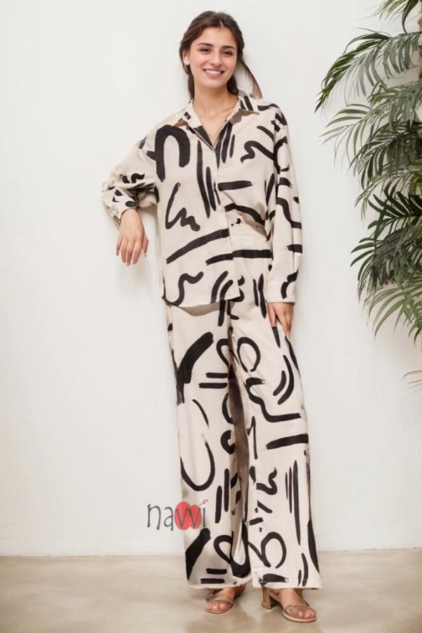 Cream Scribble Co - ord Set - Navvi.in