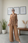 Stylish Brown Ruffle Shirt & Wide-Leg Pants Co-ord Set
