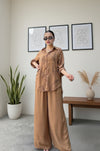 Stylish Brown Ruffle Shirt & Wide-Leg Pants Co-ord Set