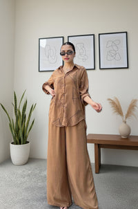 Stylish Brown Ruffle Shirt & Wide-Leg Pants Co-ord Set