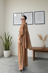 Stylish Brown Ruffle Shirt & Wide-Leg Pants Co-ord Set