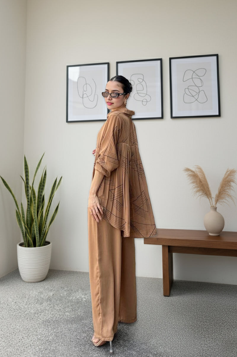 Stylish Brown Ruffle Shirt & Wide-Leg Pants Co-ord Set