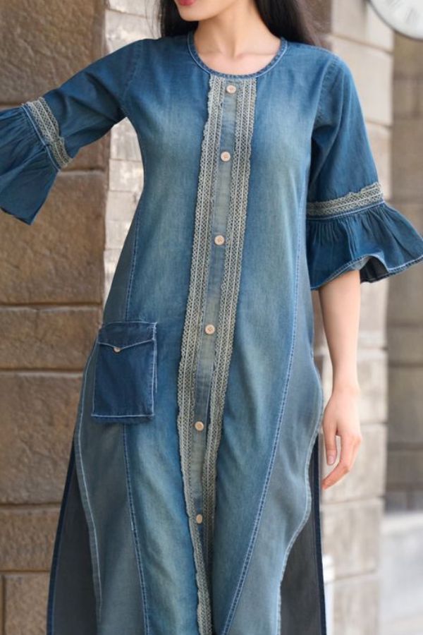 Denim Kurti with Frill Sleeves - Navvi.in