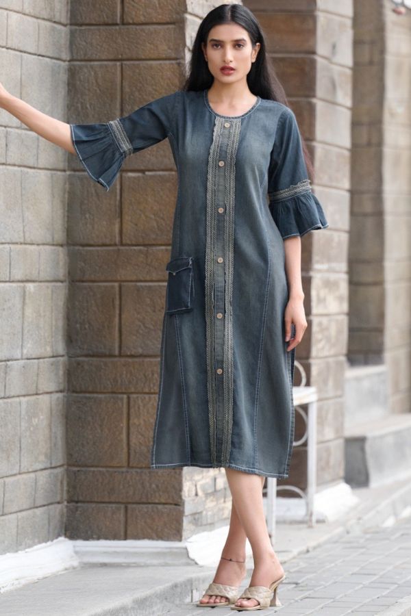 Denim Kurti with Frill Sleeves - Navvi.in