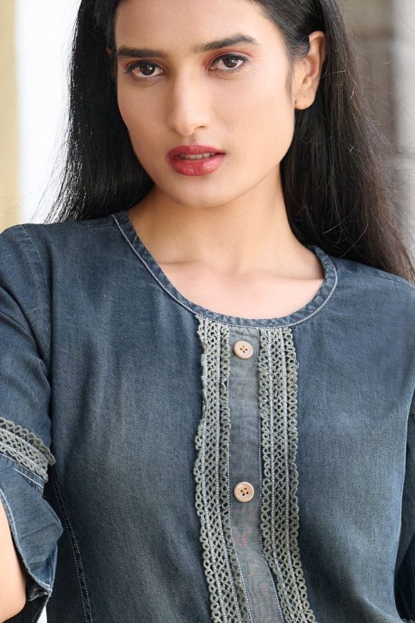 Denim Kurti with Frill Sleeves - Navvi.in