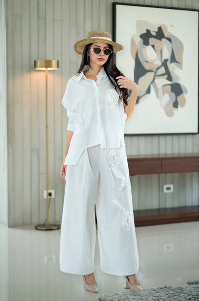 Elegant White 3D Floral Co-Ord Set