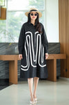 Bold Black Shirt Dress with Abstract White Line Art – Modern & Minimalist
