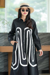 Bold Black Shirt Dress with Abstract White Line Art – Modern & Minimalist