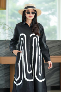 Bold Black Shirt Dress with Abstract White Line Art – Modern & Minimalist