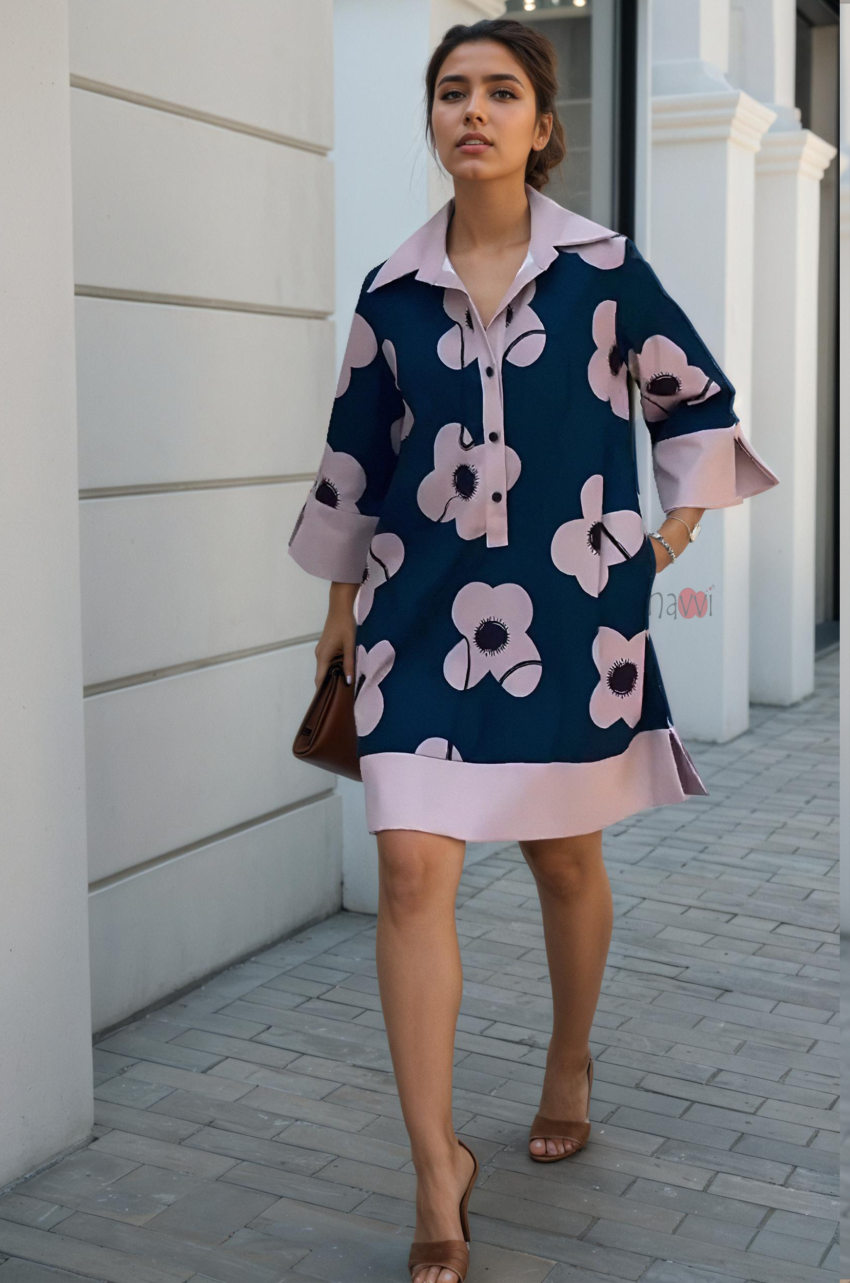 Midnight Bloom Contrast Shirt Dress