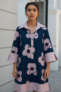Midnight Bloom Contrast Shirt Dress