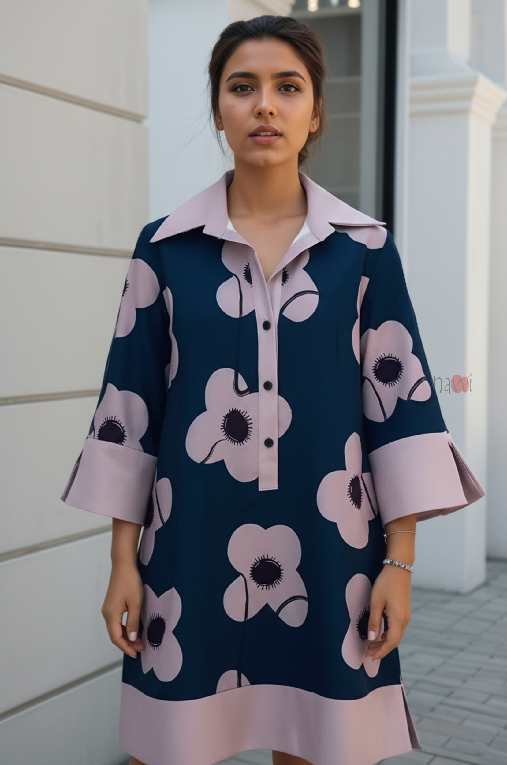 Midnight Bloom Contrast Shirt Dress