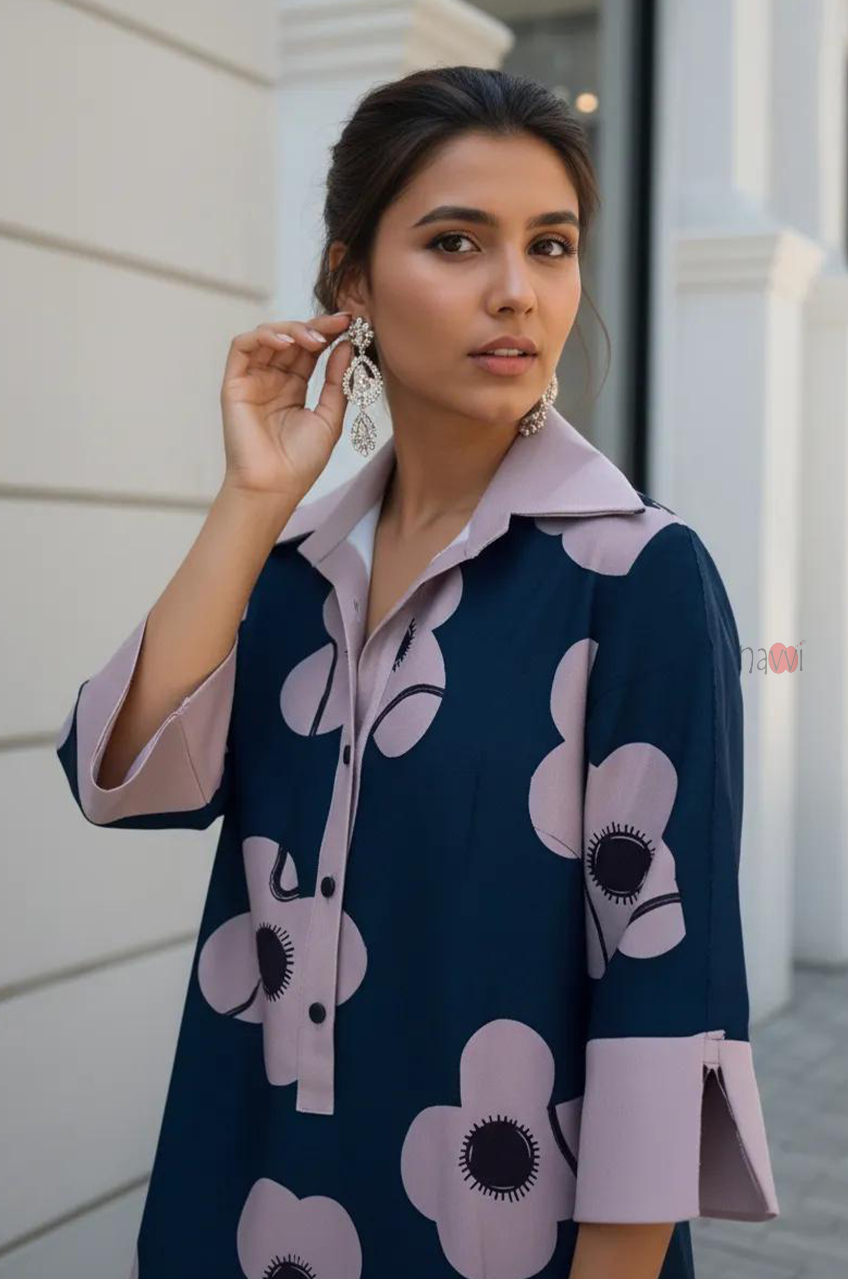 Midnight Bloom Contrast Shirt Dress