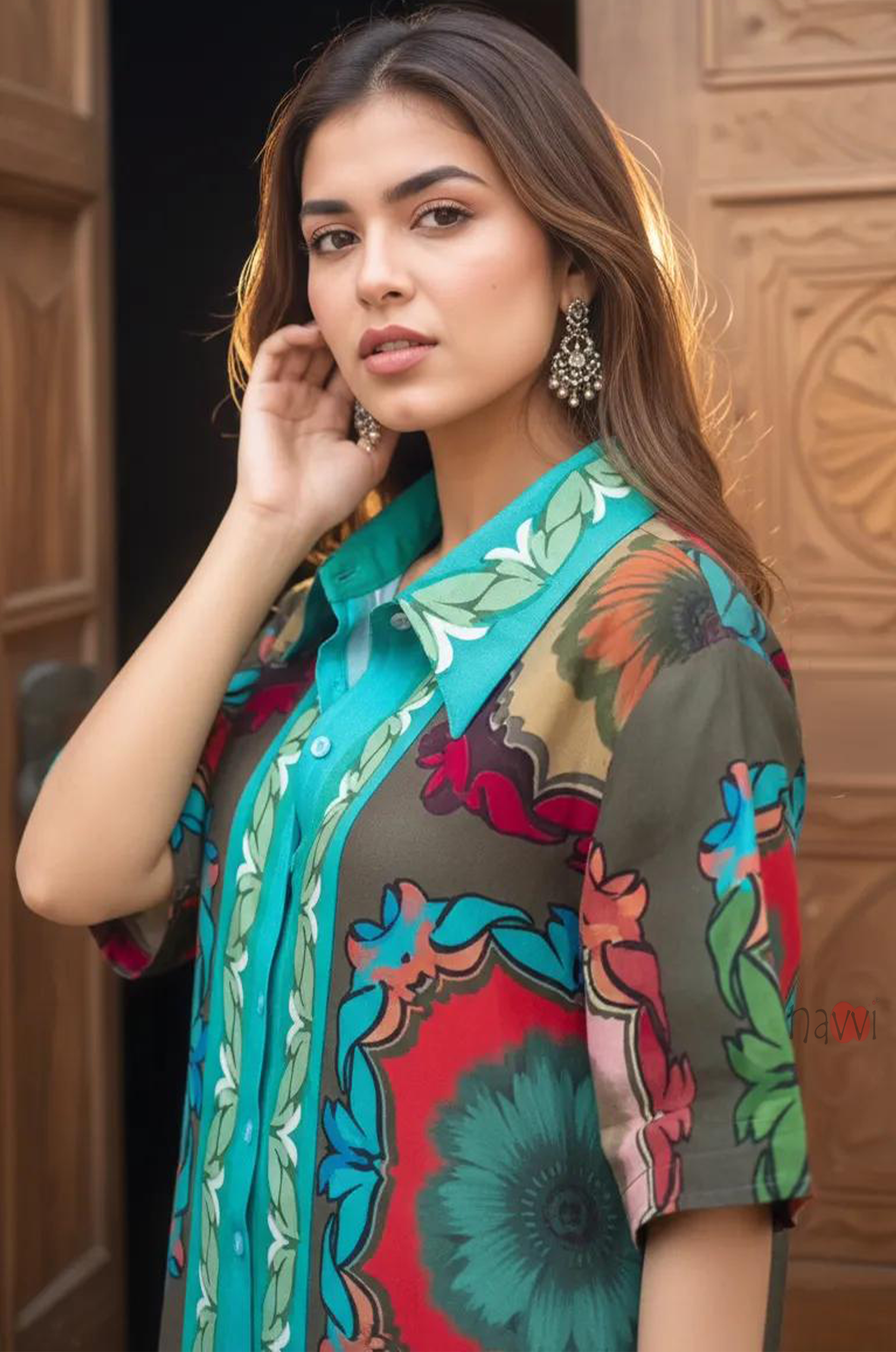 Floral Mosaic Print Longline Shirt Dress