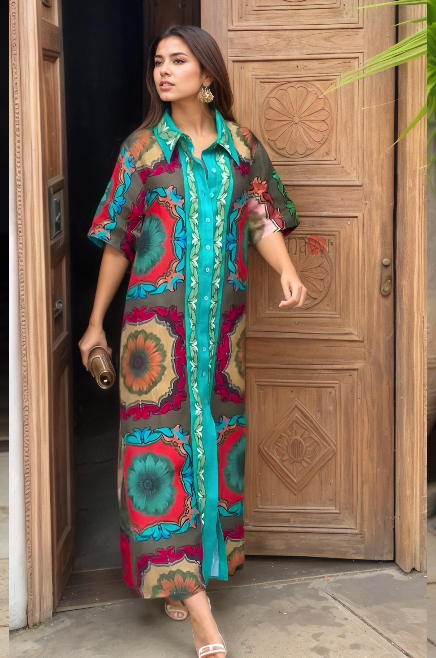 Floral Mosaic Print Longline Shirt Dress