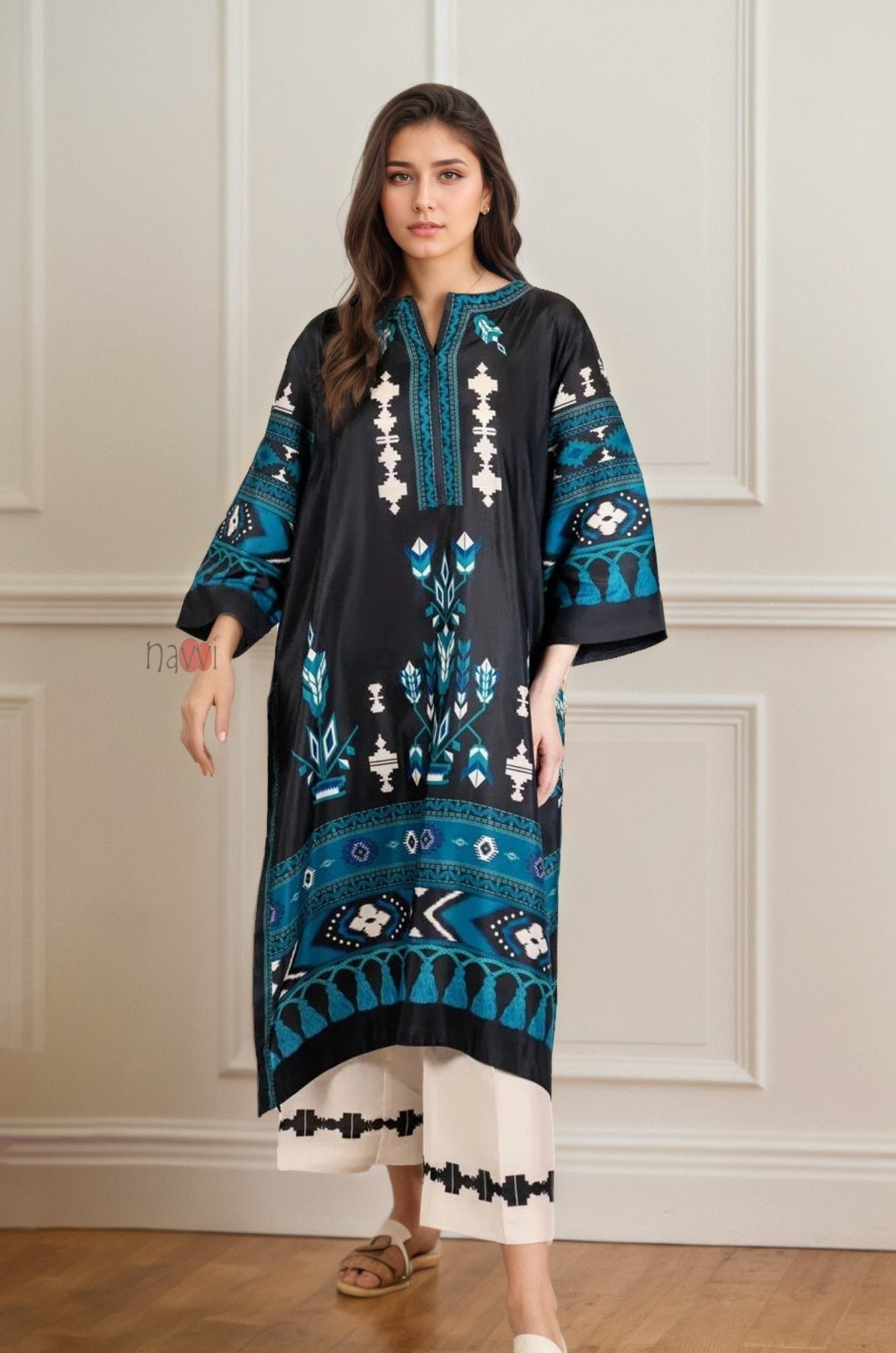 Elegant Black & Teal Ethnic Kurta Set for Women - Navvi.in