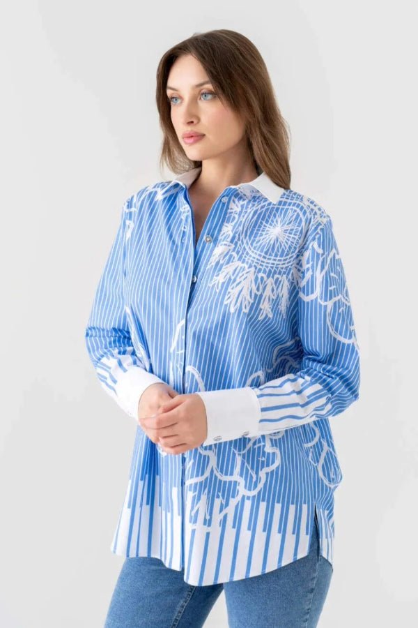 Elegant Blue Pinstripe Floral Printed Shirt Dress - Navvi.in