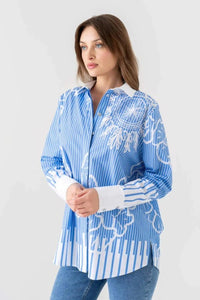 Elegant Blue Pinstripe Floral Printed Shirt Dress - Navvi.in