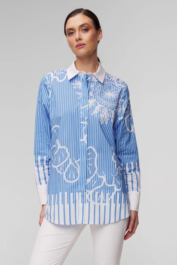 Elegant Blue Pinstripe Floral Printed Shirt Dress - Navvi.in