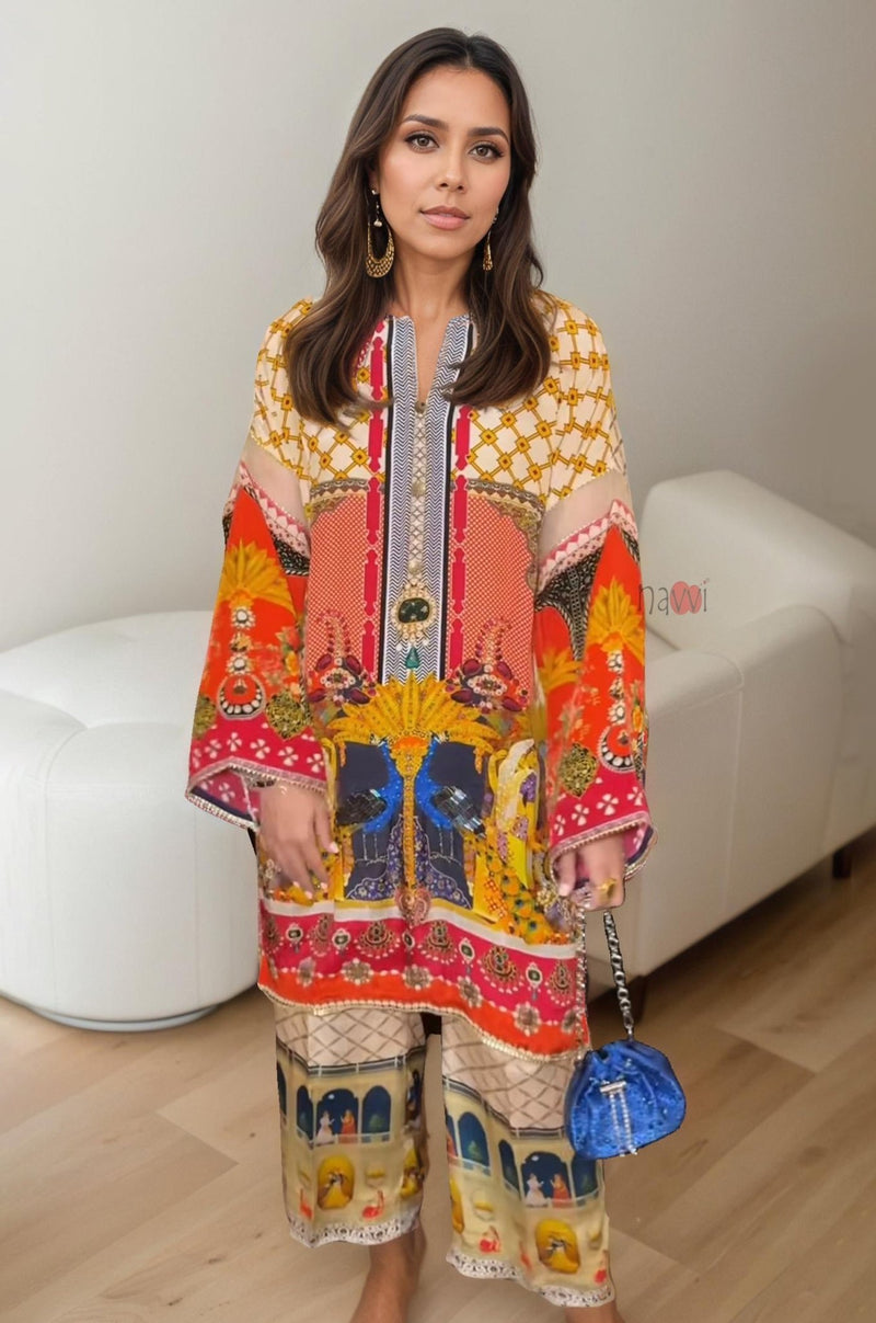 Elegant Festive Kurta Set – Artistic Print and Bold Colors - Navvi.in