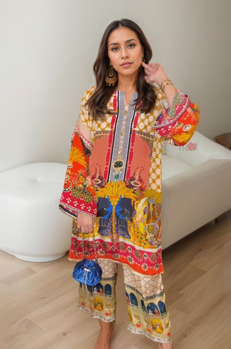 Elegant Festive Kurta Set – Artistic Print and Bold Colors - Navvi.in