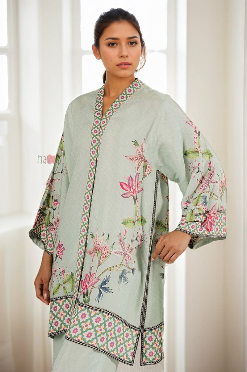 Elegant Pastel Green Floral Coord Set - Navvi.in