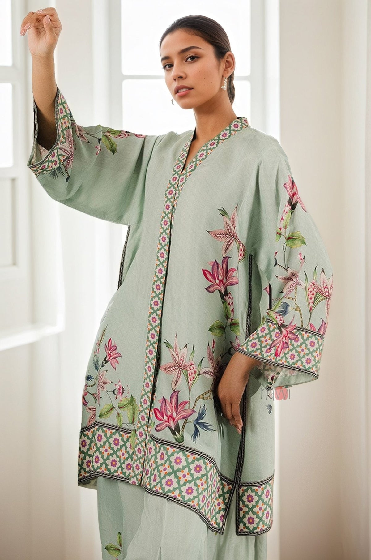 Elegant Pastel Green Floral Coord Set - Navvi.in