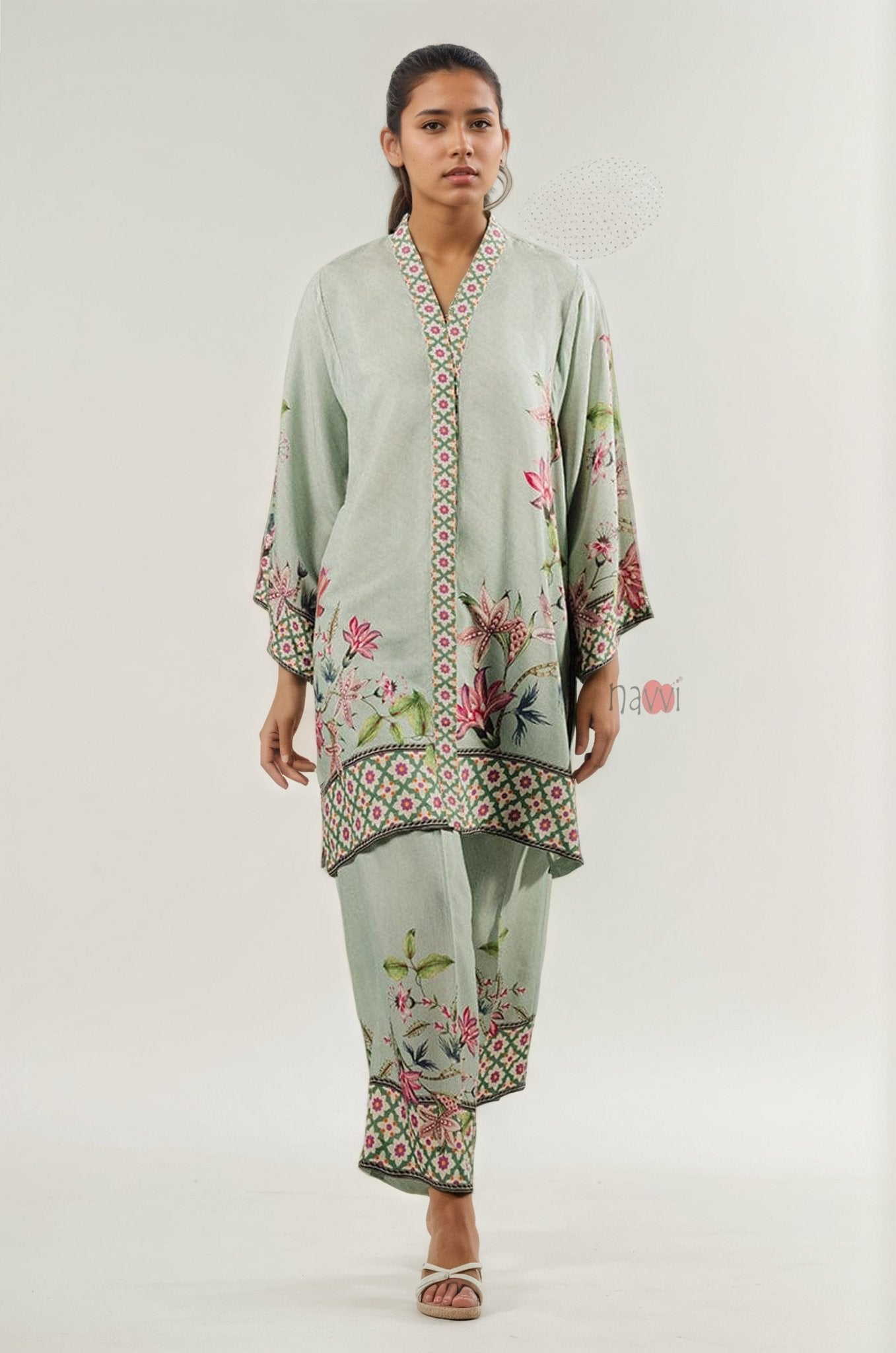 Elegant Pastel Green Floral Coord Set - Navvi.in