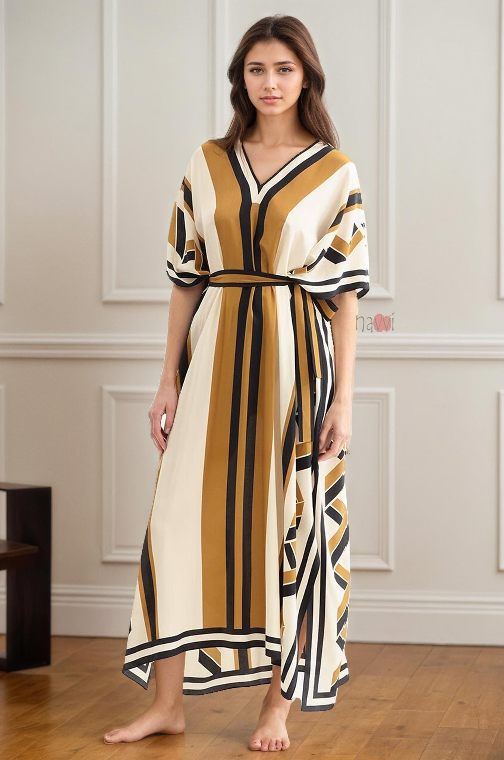 Elegant Mustard & Black Striped Kaftan Dress with Belt