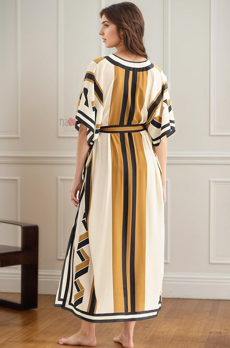 Elegant Mustard & Black Striped Kaftan Dress with Belt