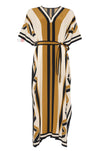 Elegant Mustard & Black Striped Kaftan Dress with Belt