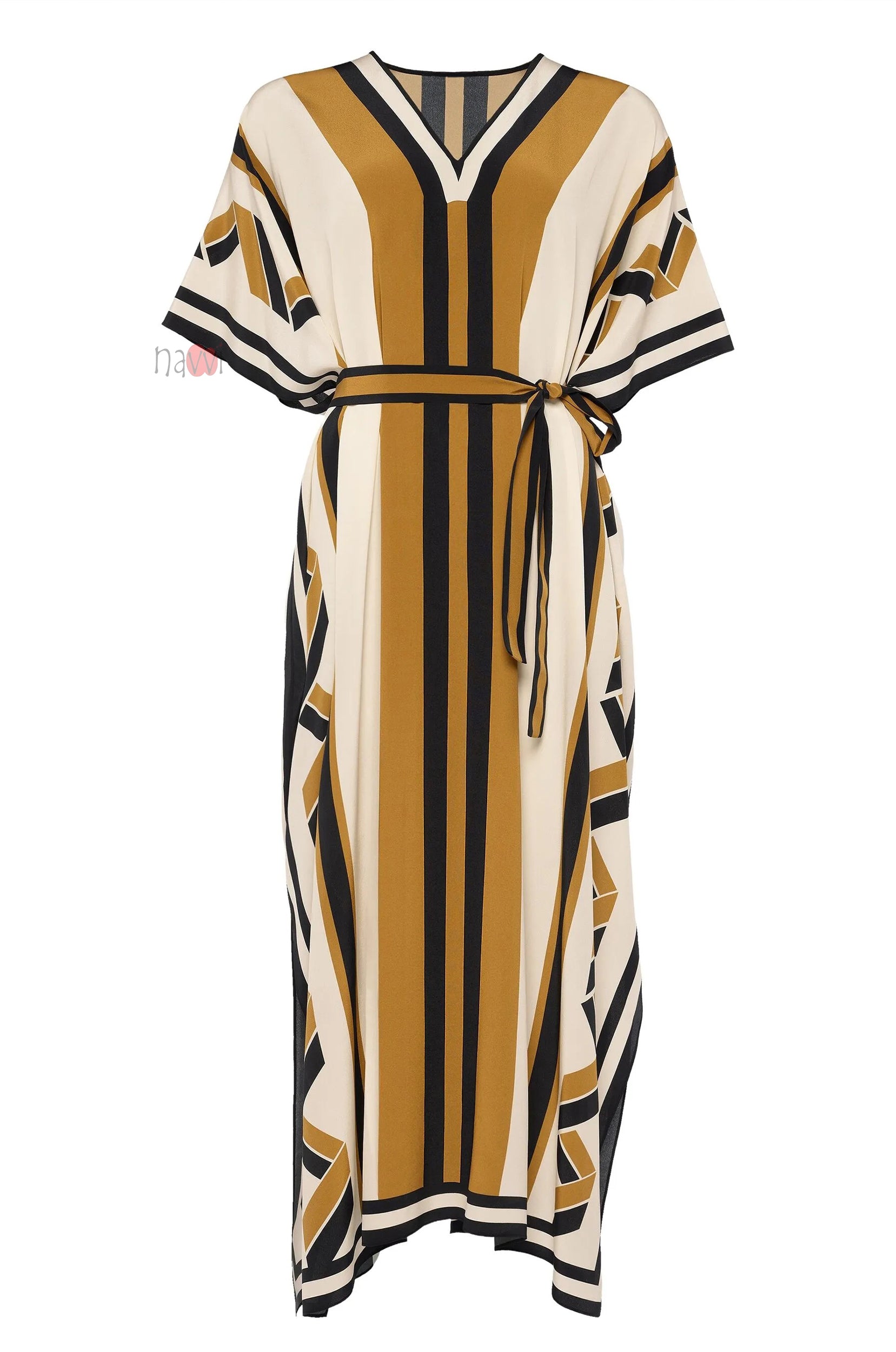 Elegant Mustard & Black Striped Kaftan Dress with Belt