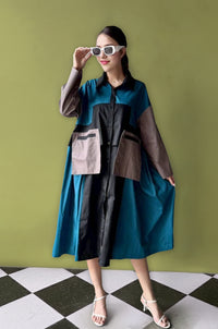 Oversized Geometric Color Block Shirt Dress