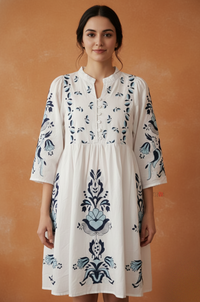 White Indigo Floral Midi Dress for Women