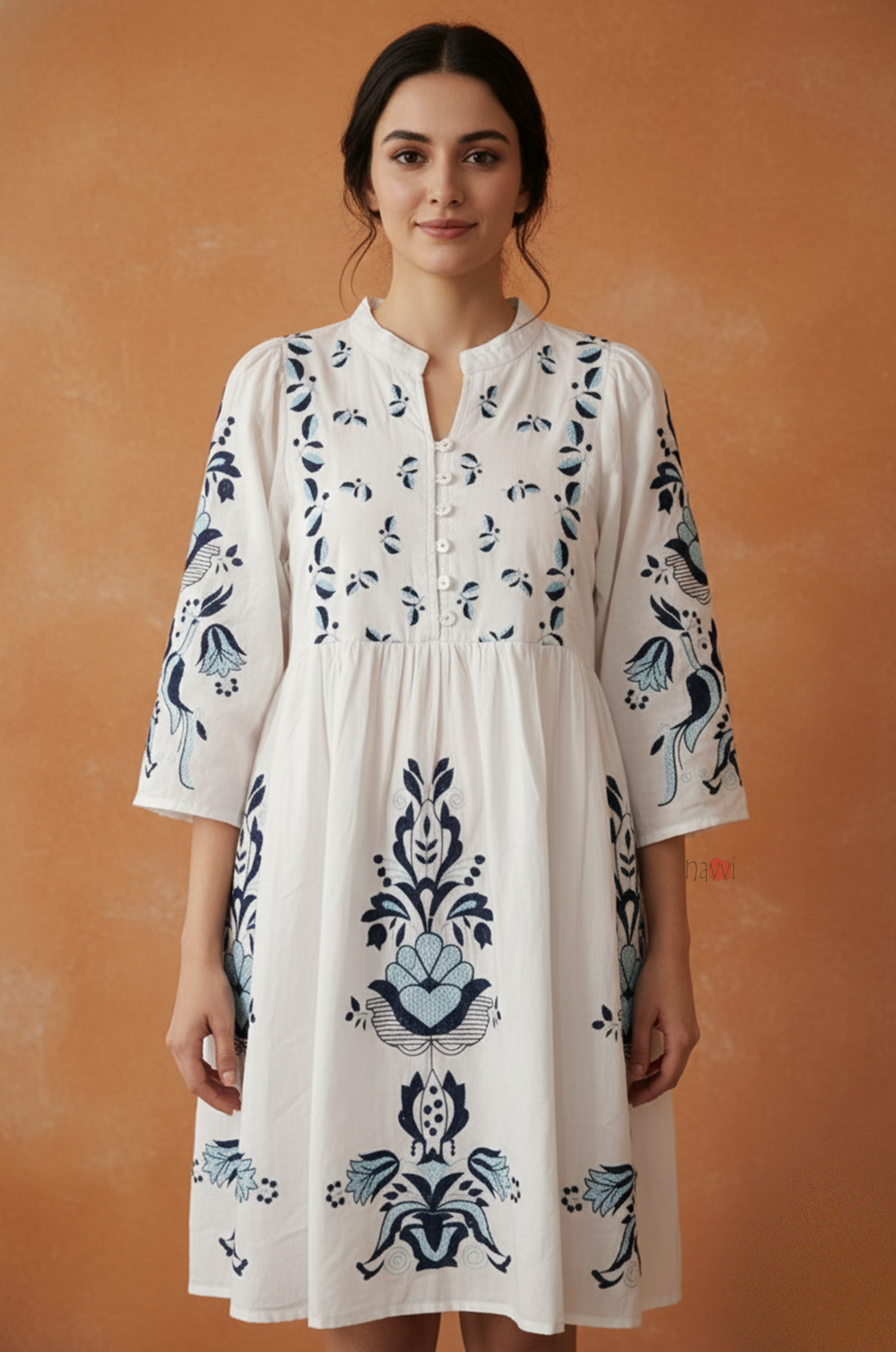 White Indigo Floral Midi Dress for Women