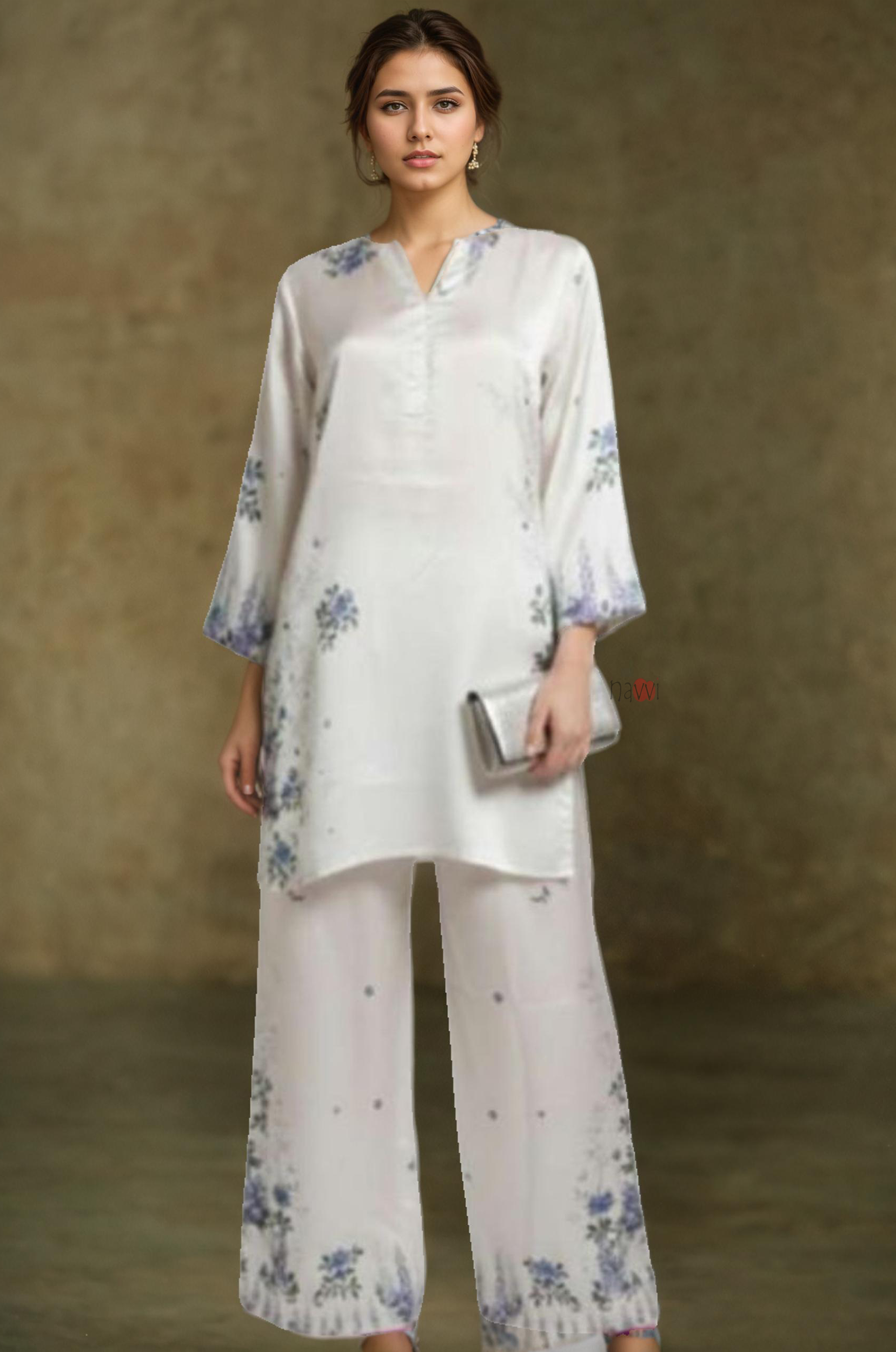 Ivory Blue Floral Kurta Co-Ord Set
