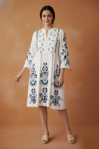 White Indigo Floral Midi Dress for Women
