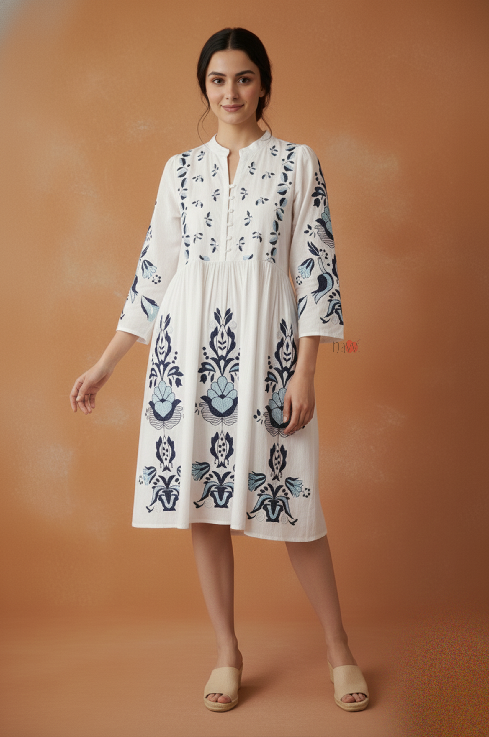 White Indigo Floral Midi Dress for Women